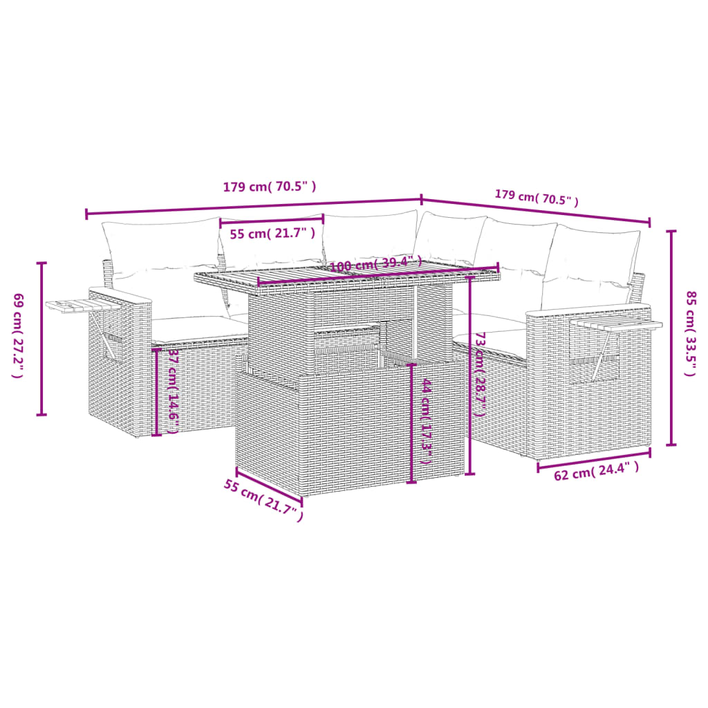 6-delige Loungeset met kussens poly rattan grijs