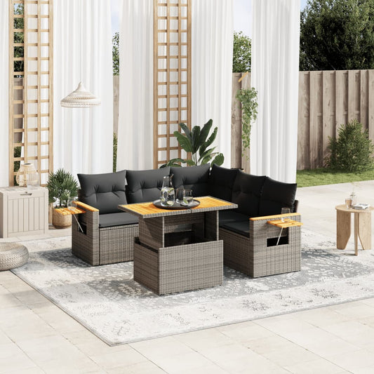 6-delige Loungeset met kussens poly rattan grijs