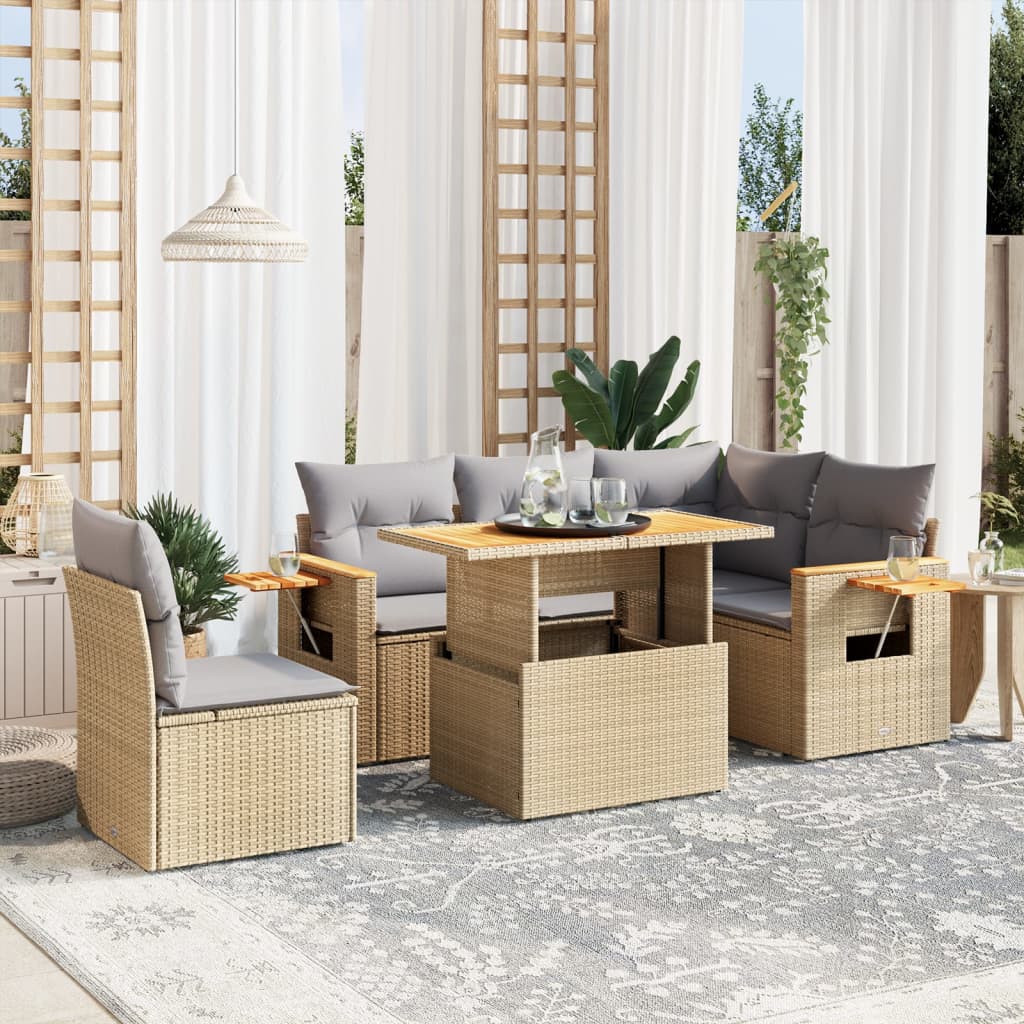 6-delige Loungeset met kussens poly rattan beige Tuinsets | Creëer jouw Trendy Thuis | Gratis bezorgd & Retour | Trendy.nl