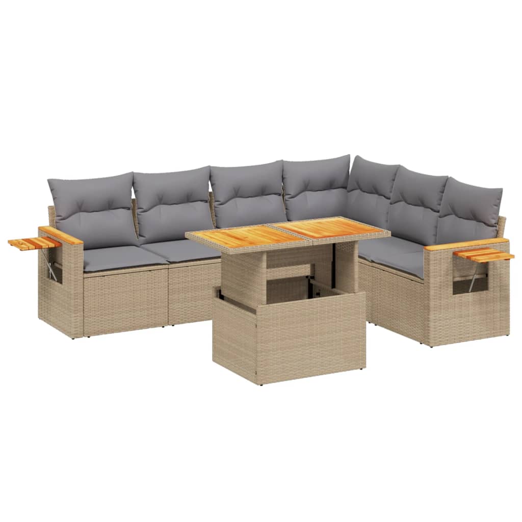 7-delige Loungeset met kussens poly rattan beige