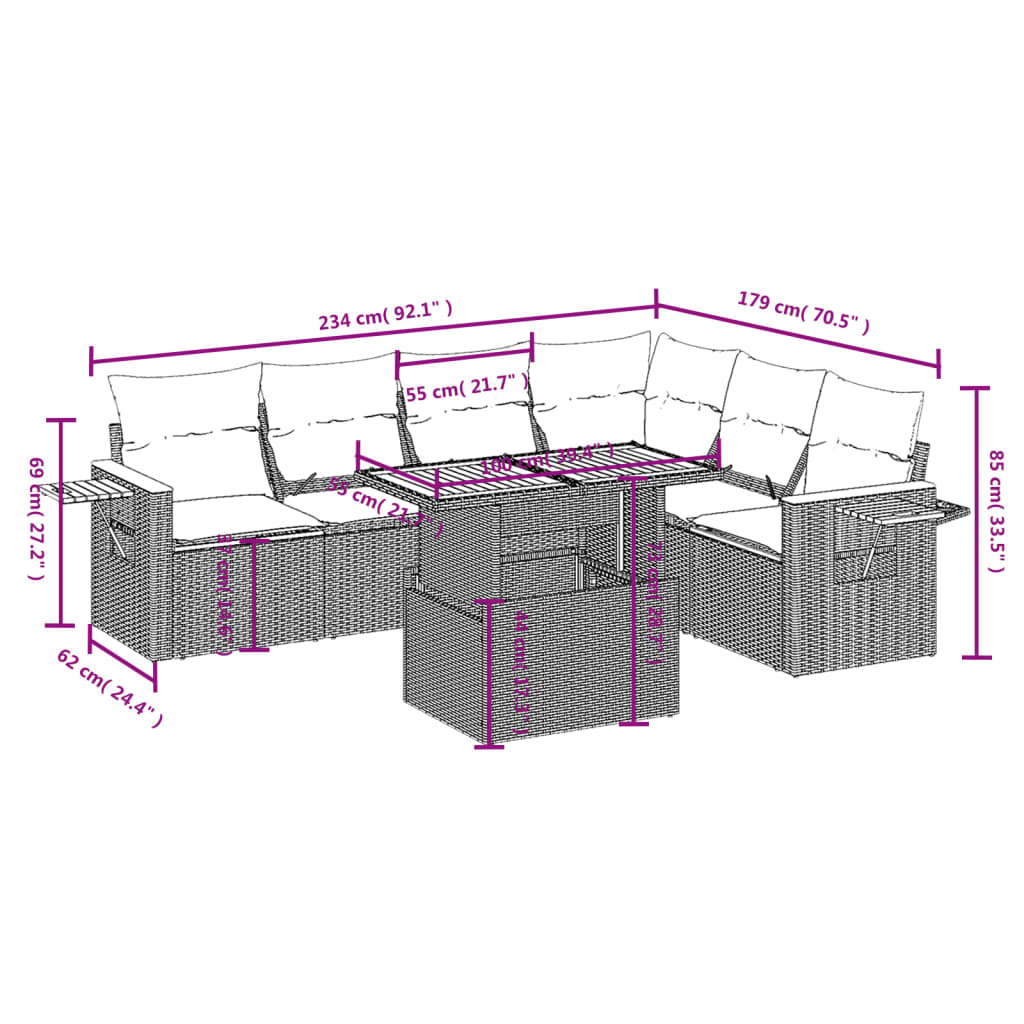 7-delige Loungeset met kussens poly rattan beige