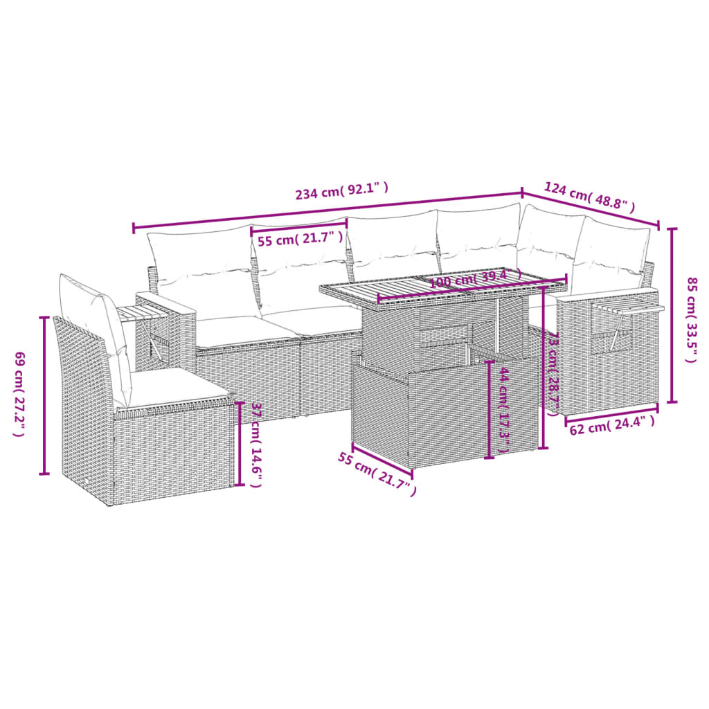 7-delige Loungeset met kussens poly rattan grijs