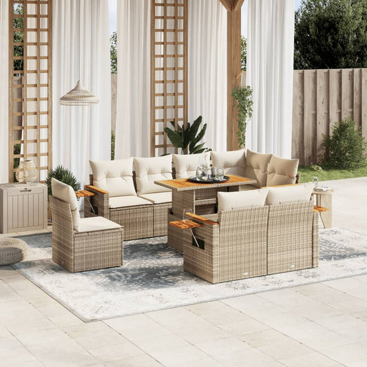 9-delige Loungeset met kussens poly rattan beige