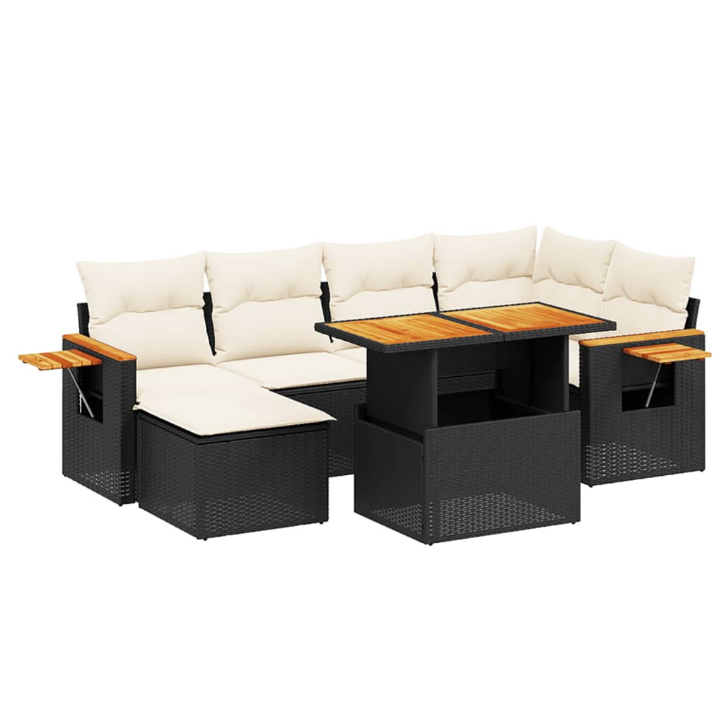 7-delige Loungeset met kussens poly rattan zwart