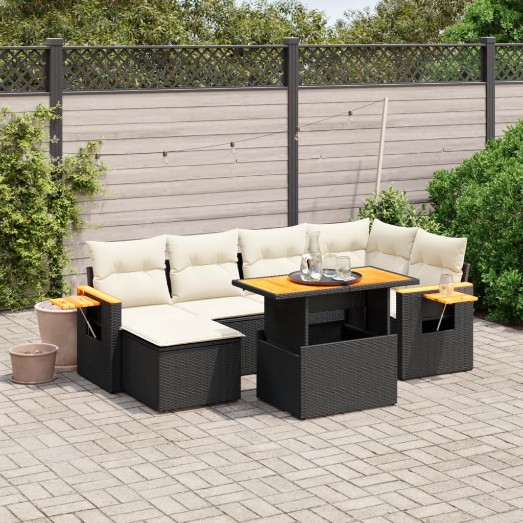 7-delige Loungeset met kussens poly rattan zwart