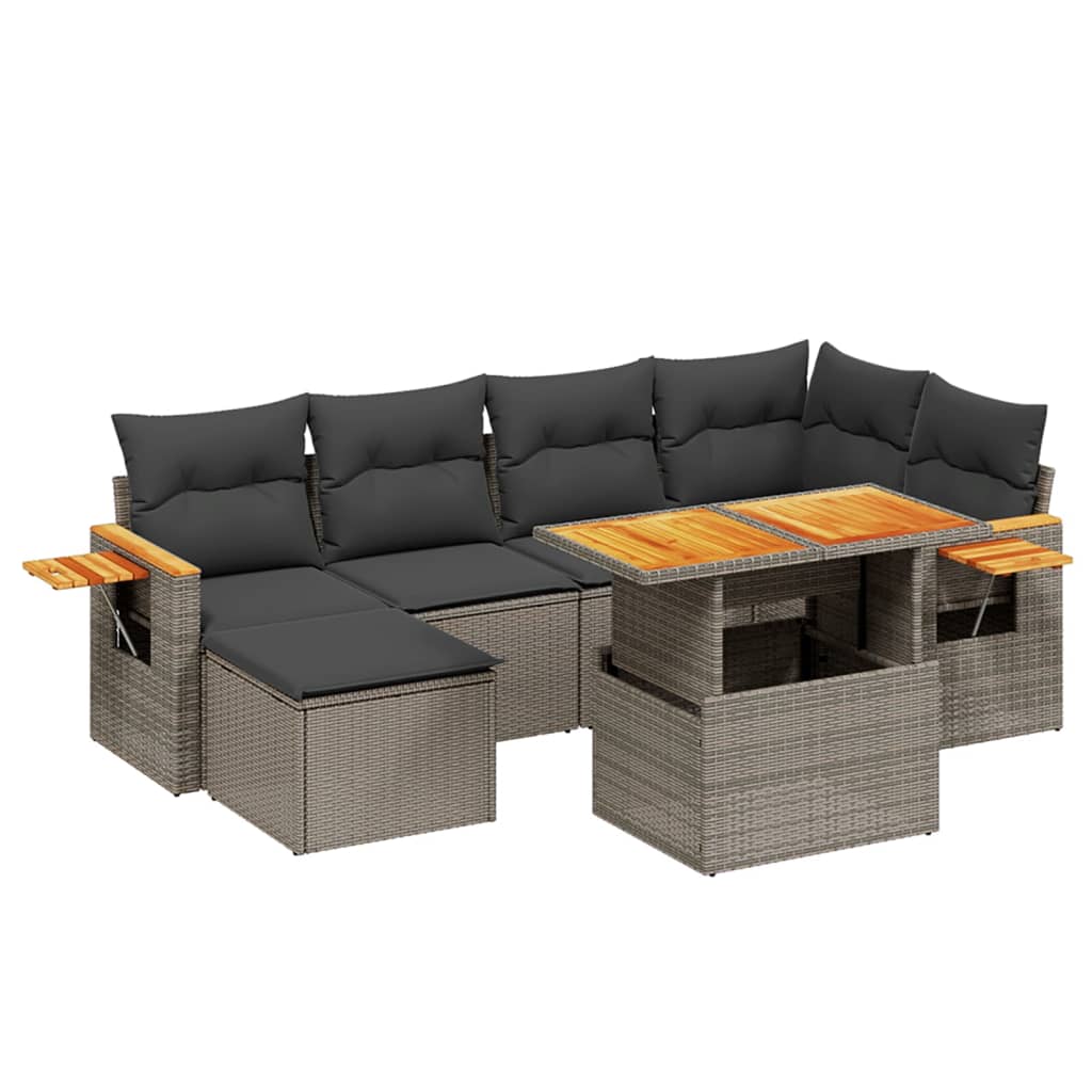 7-delige Loungeset met kussens poly rattan grijs