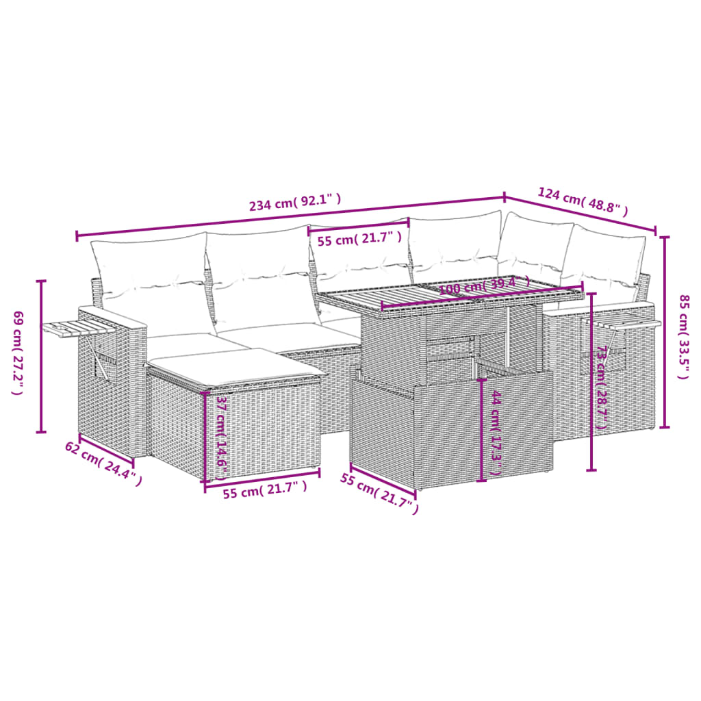 7-delige Loungeset met kussens poly rattan grijs