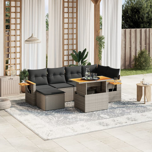 7-delige Loungeset met kussens poly rattan grijs