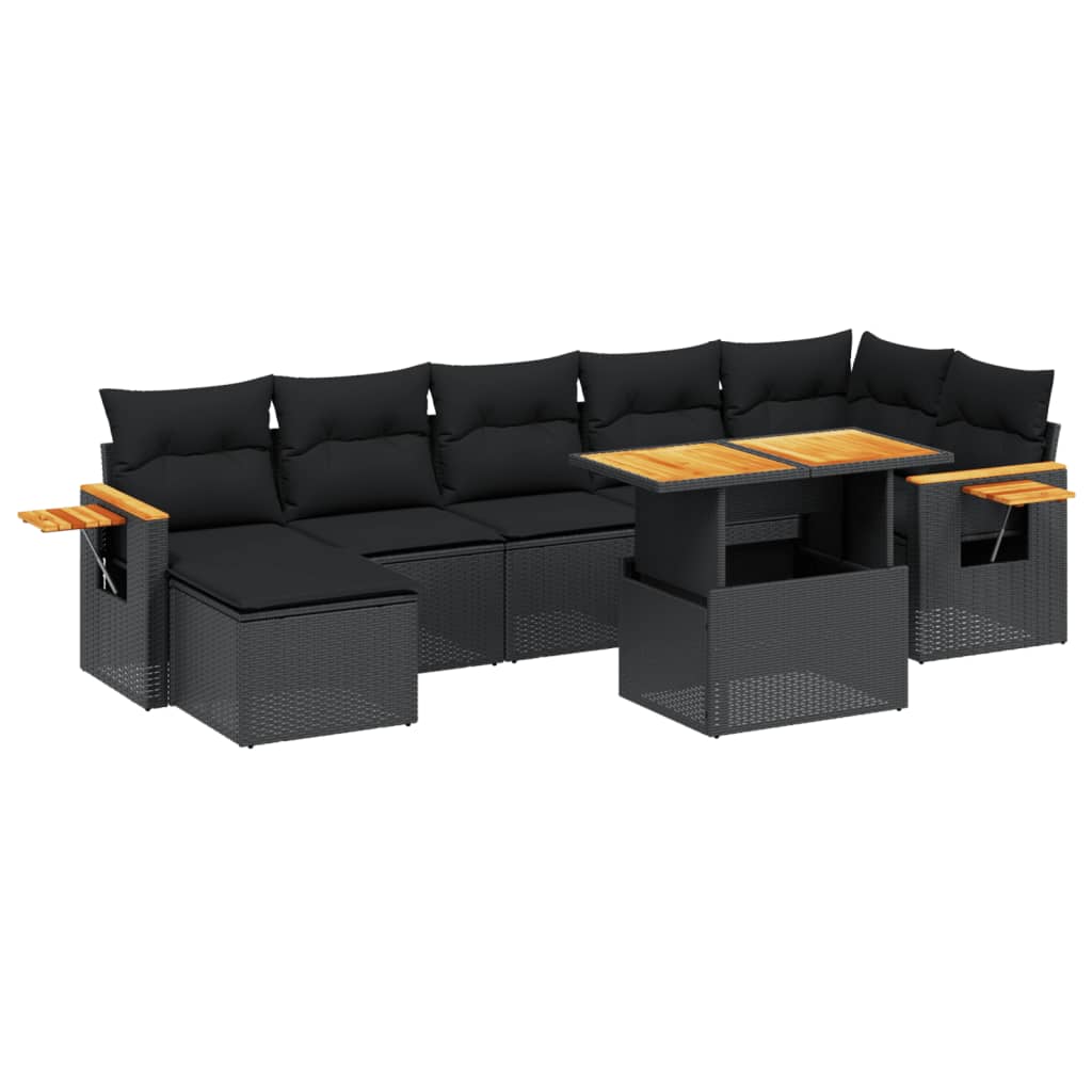 8-delige Loungeset met kussens poly rattan zwart