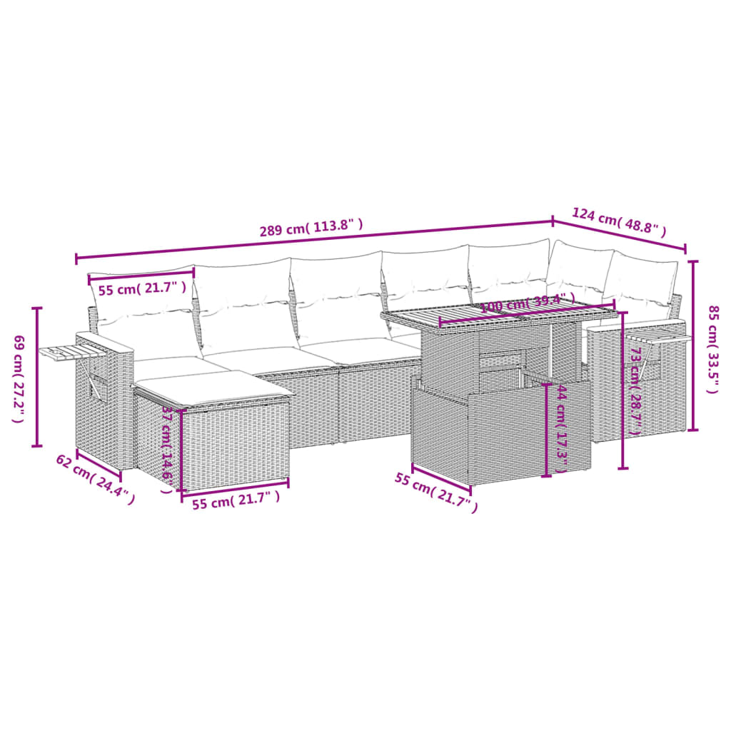 8-delige Loungeset met kussens poly rattan zwart