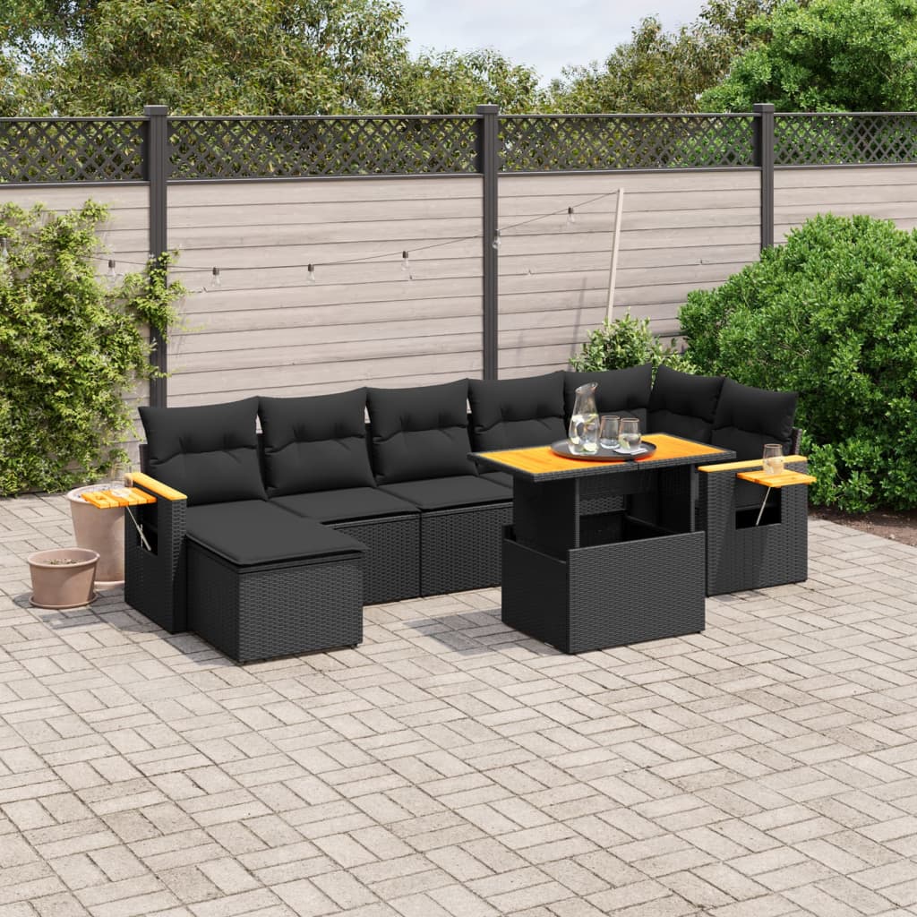 8-delige Loungeset met kussens poly rattan zwart