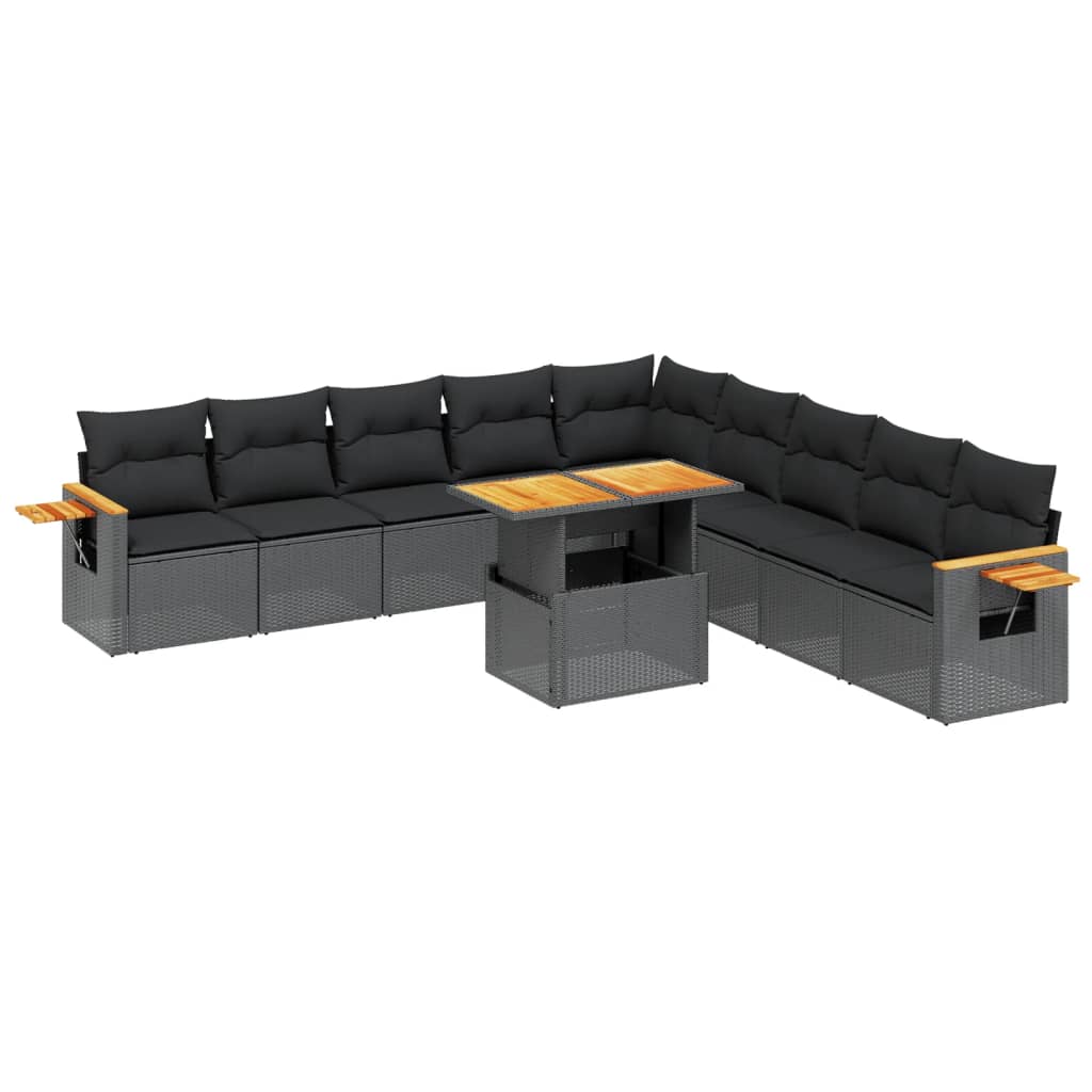 11-delige Loungeset met kussens poly rattan zwart