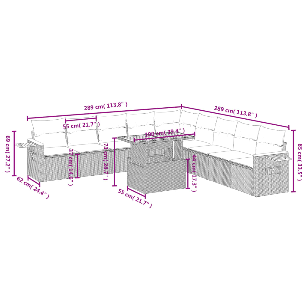 11-delige Loungeset met kussens poly rattan zwart