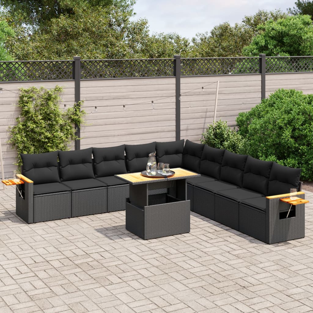 11-delige Loungeset met kussens poly rattan zwart