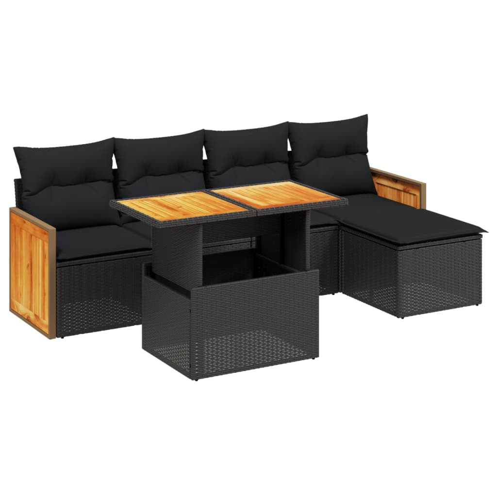 6-delige Loungeset met kussens poly rattan zwart