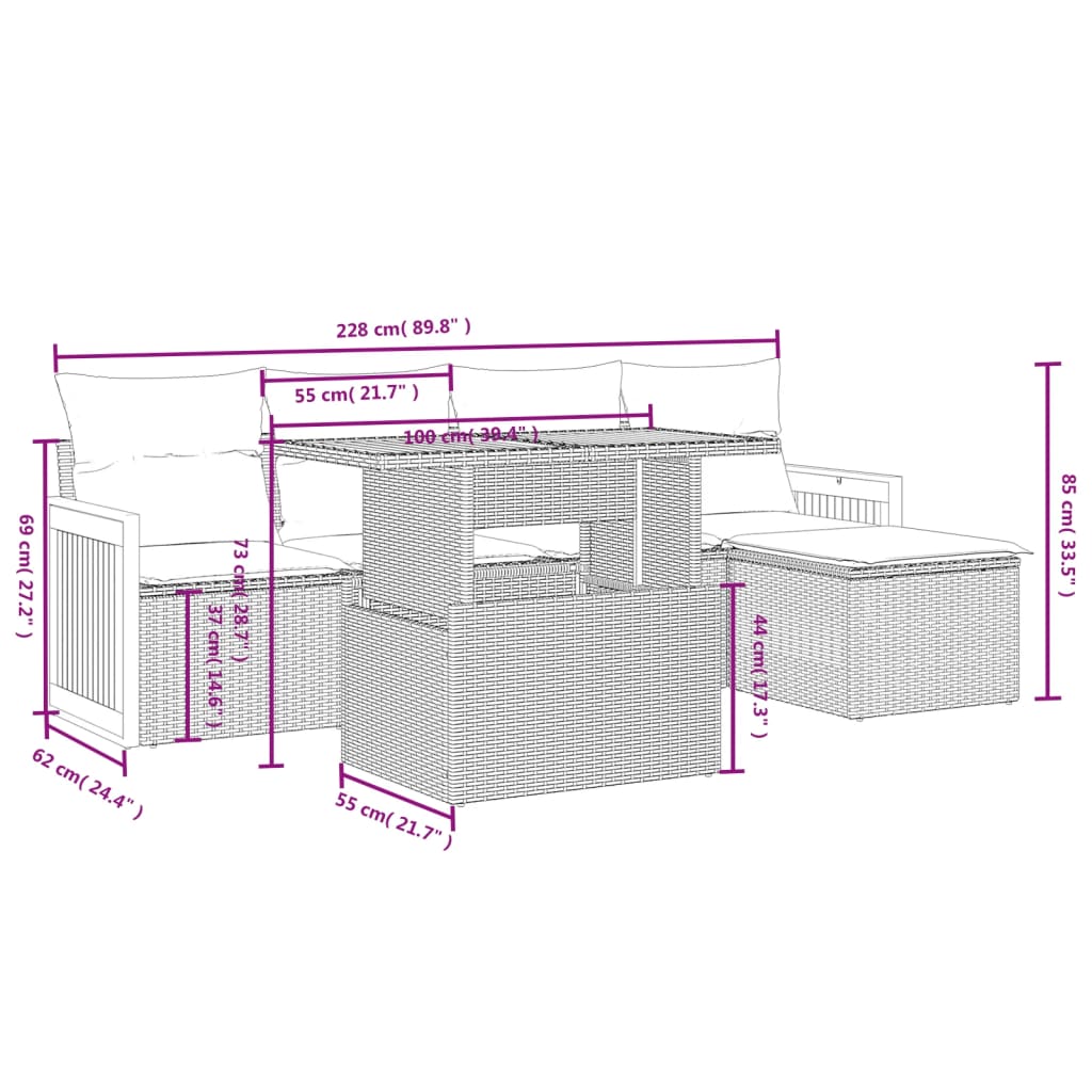 6-delige Loungeset met kussens poly rattan zwart