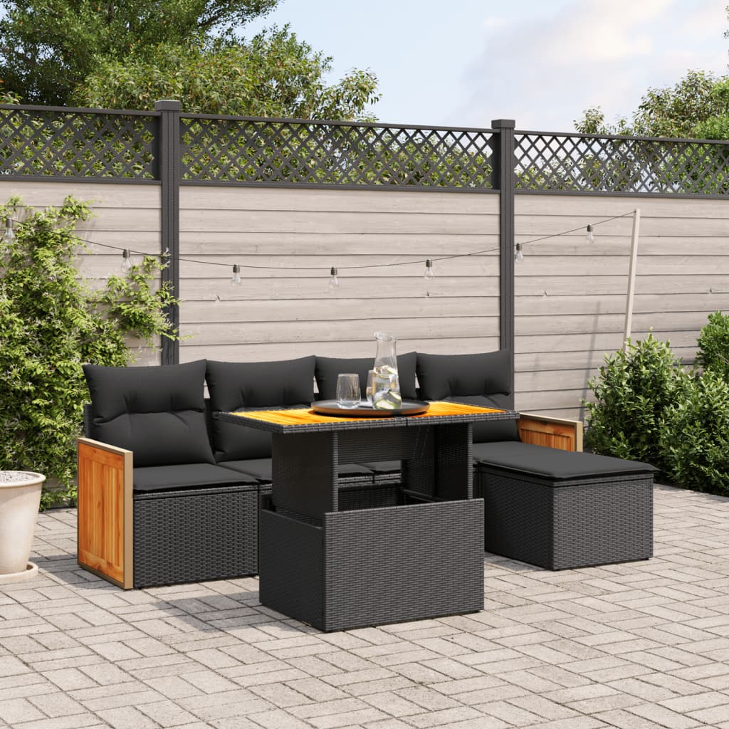 6-delige Loungeset met kussens poly rattan zwart