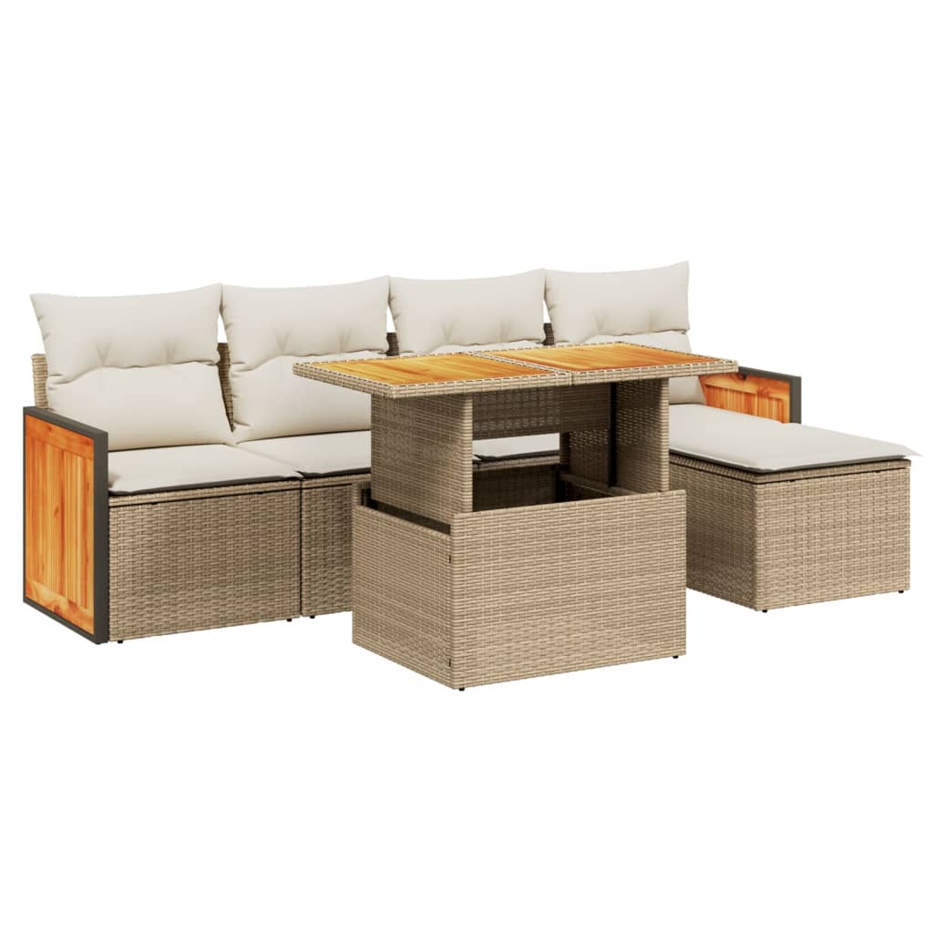 6-delige Loungeset met kussens poly rattan beige