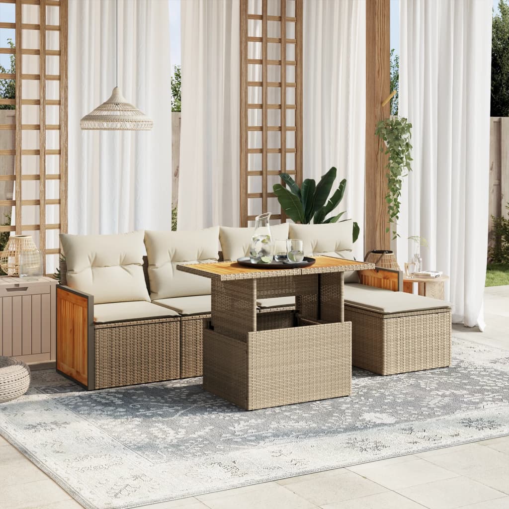 6-delige Loungeset met kussens poly rattan beige