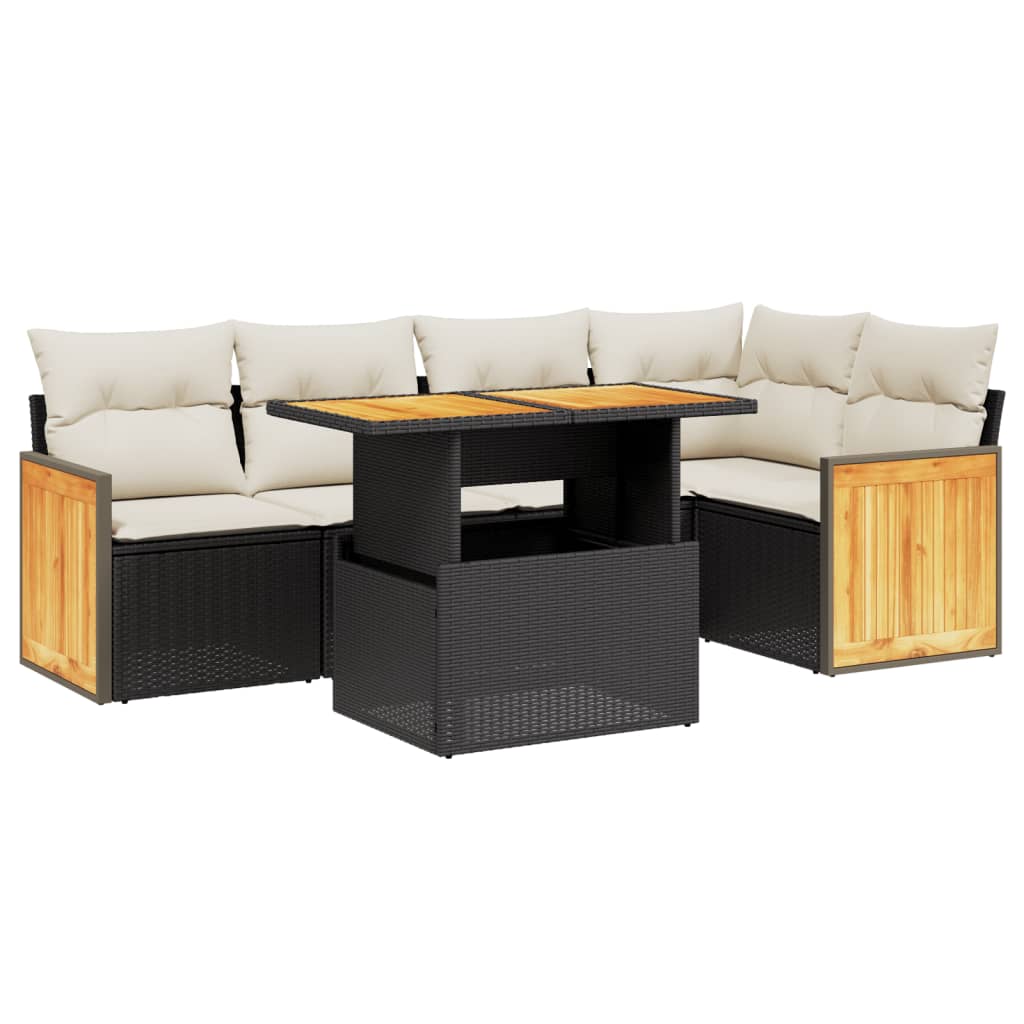 6-delige Loungeset met kussens poly rattan zwart