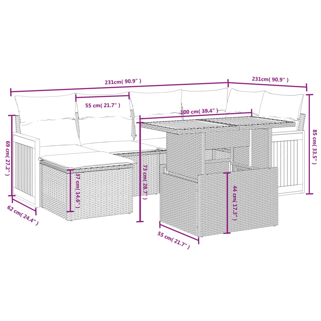 6-delige Loungeset met kussens poly rattan zwart