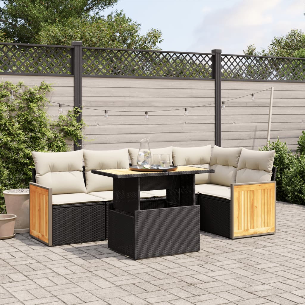 6-delige Loungeset met kussens poly rattan zwart