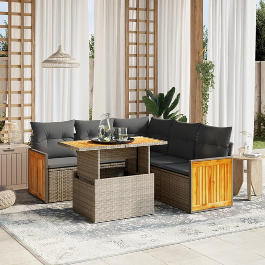 6-delige Loungeset met kussens poly rattan beige