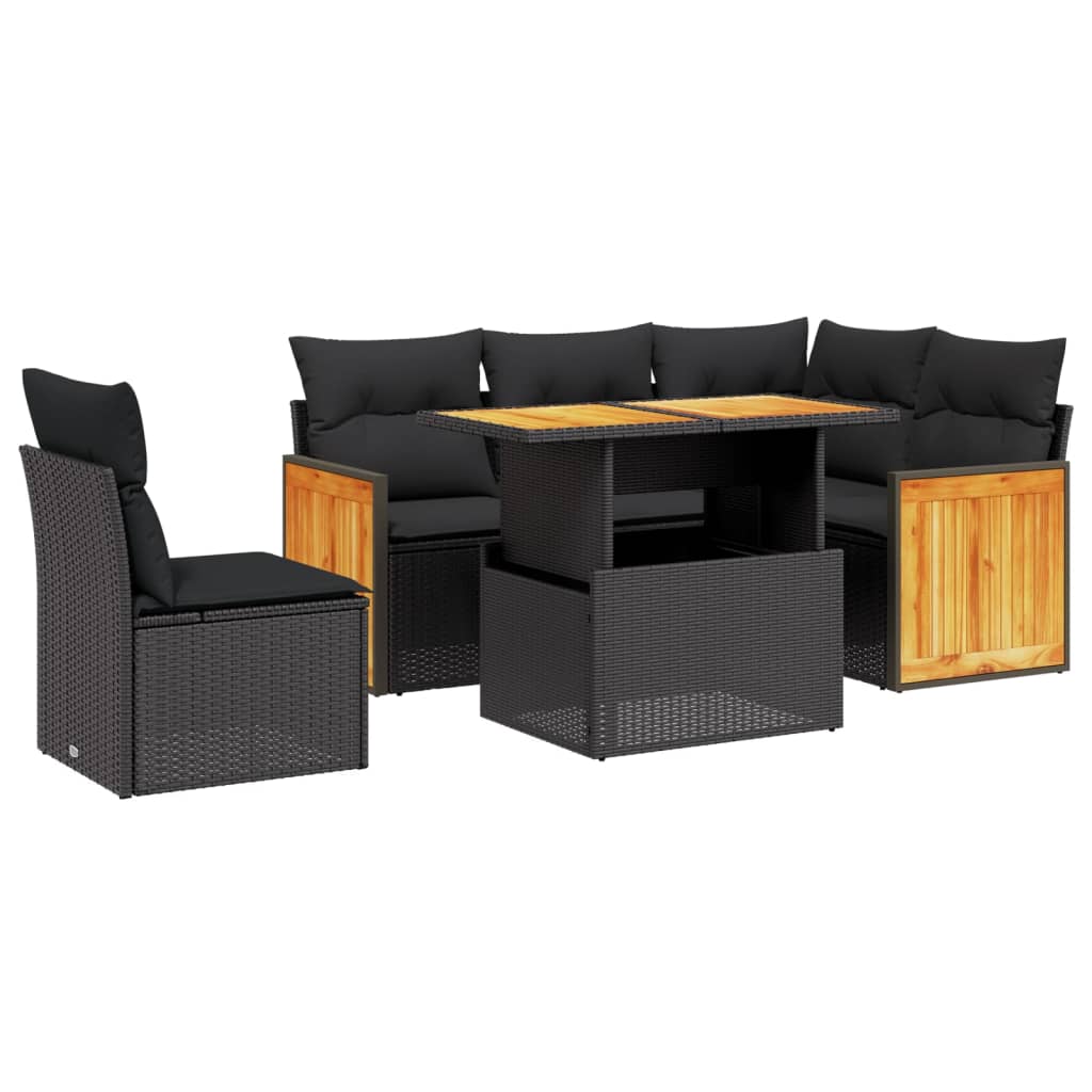 6-delige Loungeset met kussens poly rattan zwart