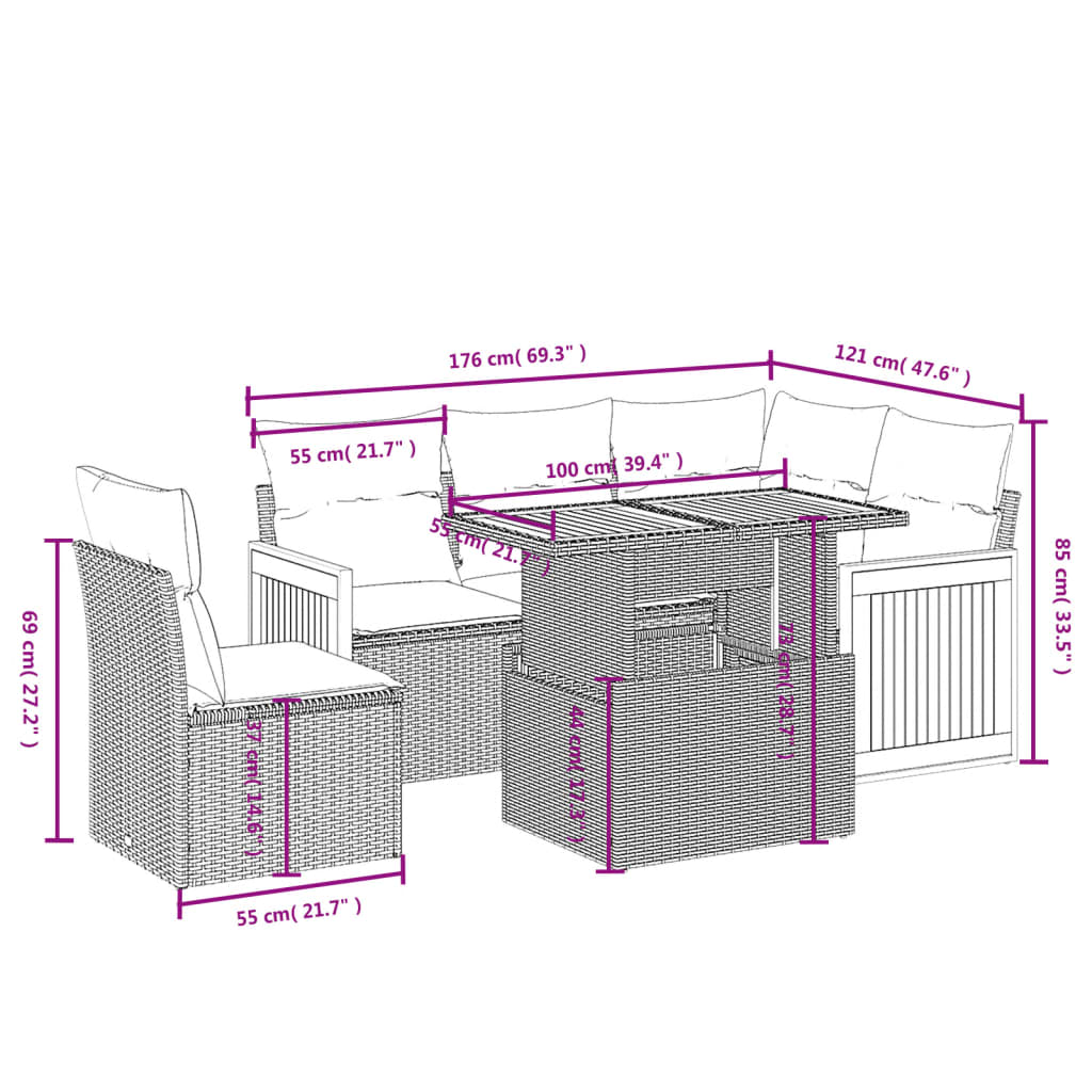 6-delige Loungeset met kussens poly rattan zwart