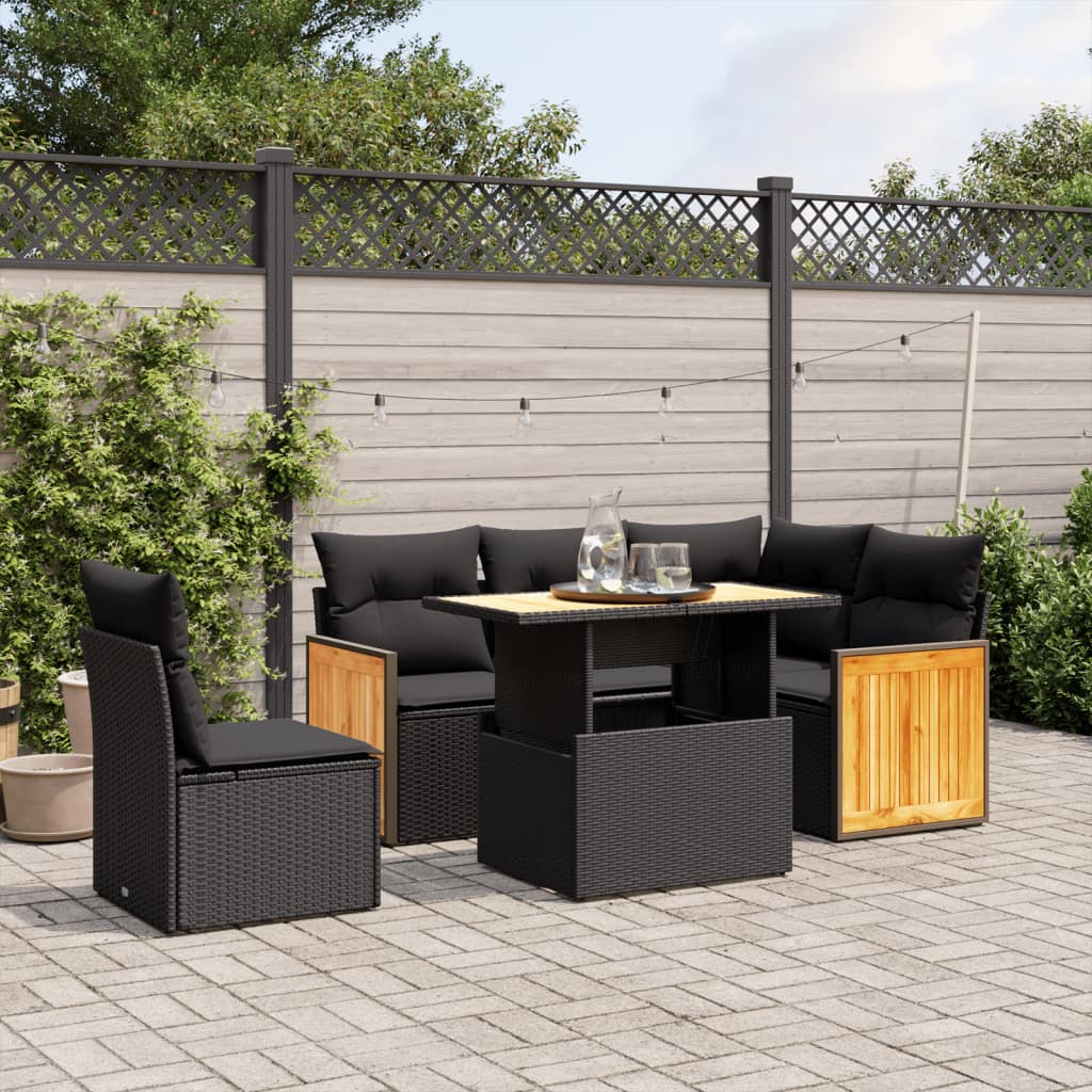 6-delige Loungeset met kussens poly rattan zwart