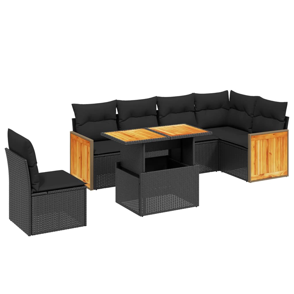 7-delige Loungeset met kussens poly rattan zwart