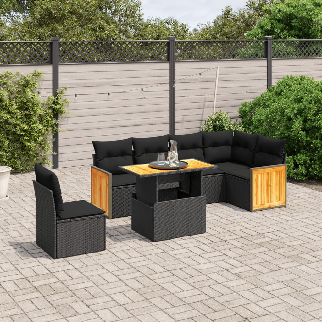 7-delige Loungeset met kussens poly rattan zwart