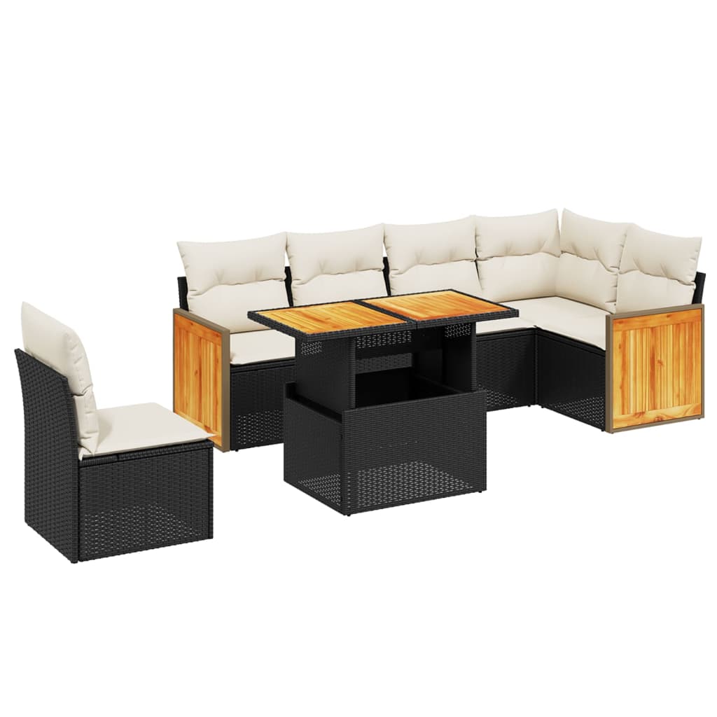 7-delige Loungeset met kussens poly rattan zwart