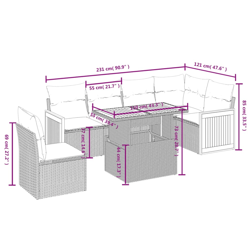 7-delige Loungeset met kussens poly rattan zwart