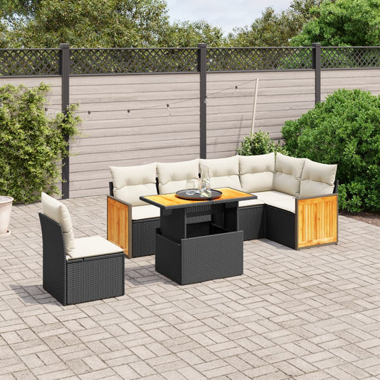 7-delige Loungeset met kussens poly rattan zwart