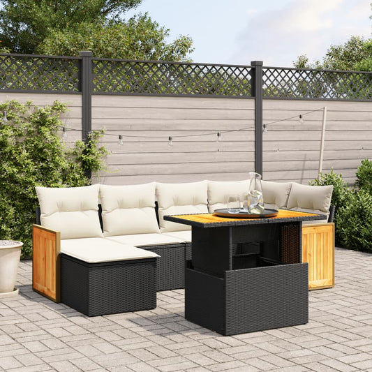 7-delige Loungeset met kussens poly rattan zwart