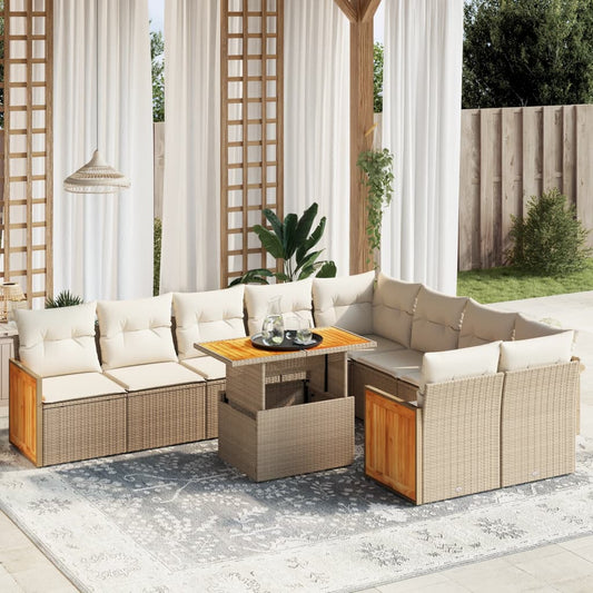 10-delige Loungeset met kussens poly rattan beige