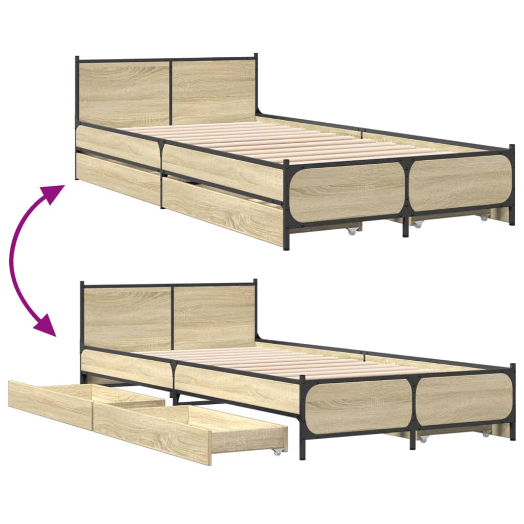 Bedframe met lades bewerkt hout sonoma eikenkleurig 90x190 cm Bedden & bedframes | Creëer jouw Trendy Thuis | Gratis bezorgd & Retour | Trendy.nl