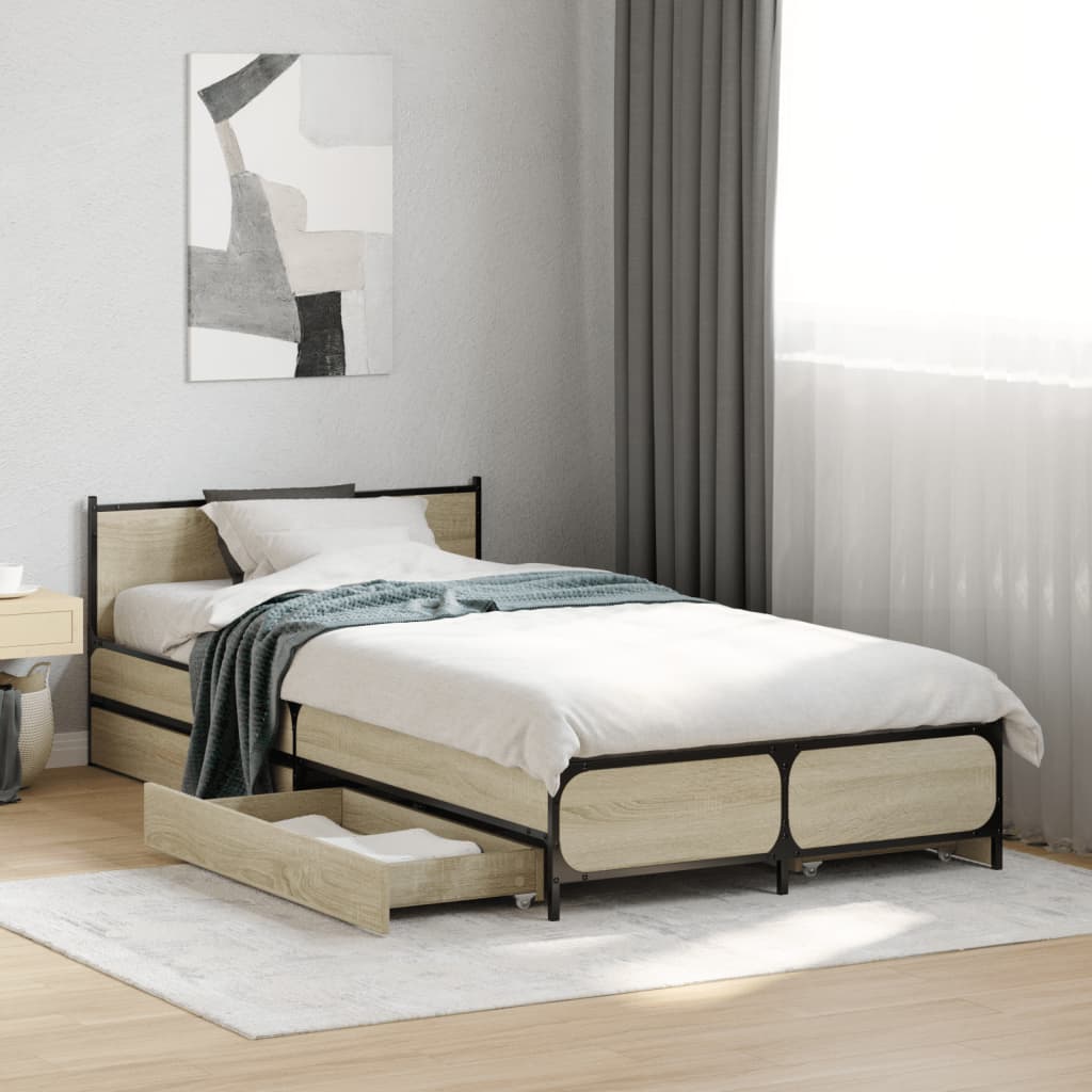 Bedframe met lades bewerkt hout sonoma eikenkleurig 90x190 cm Bedden & bedframes | Creëer jouw Trendy Thuis | Gratis bezorgd & Retour | Trendy.nl