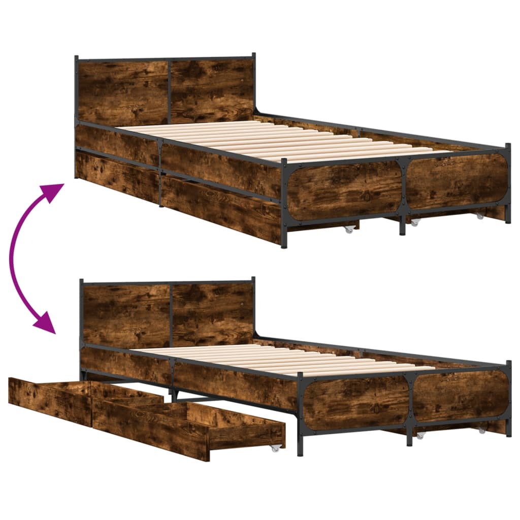 Bedframe met lades bewerkt hout gerookt eikenkleurig 90x190 cm Bedden & bedframes | Creëer jouw Trendy Thuis | Gratis bezorgd & Retour | Trendy.nl