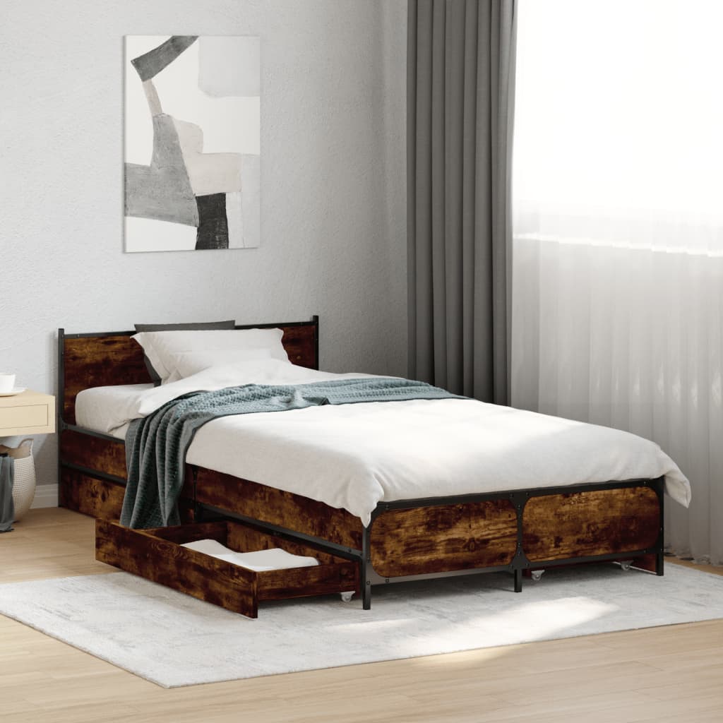 Bedframe met lades bewerkt hout gerookt eikenkleurig 90x190 cm Bedden & bedframes | Creëer jouw Trendy Thuis | Gratis bezorgd & Retour | Trendy.nl