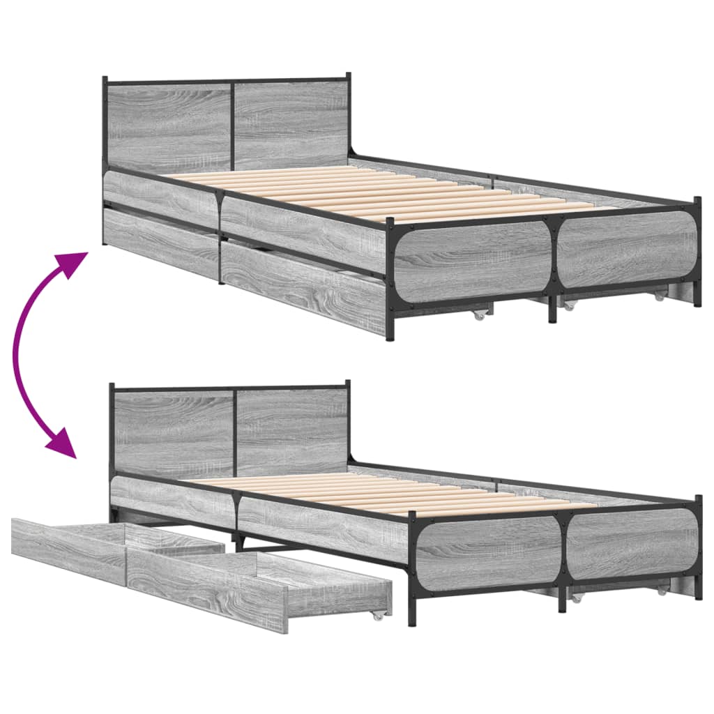 Bedframe met lades bewerkt hout grijs sonoma eiken 90x190 cm Bedden & bedframes | Creëer jouw Trendy Thuis | Gratis bezorgd & Retour | Trendy.nl