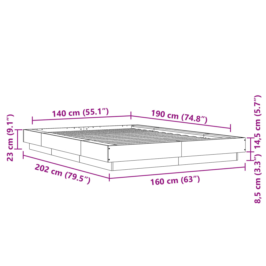 Bedframe LED massief hout zwart 140x190 cm