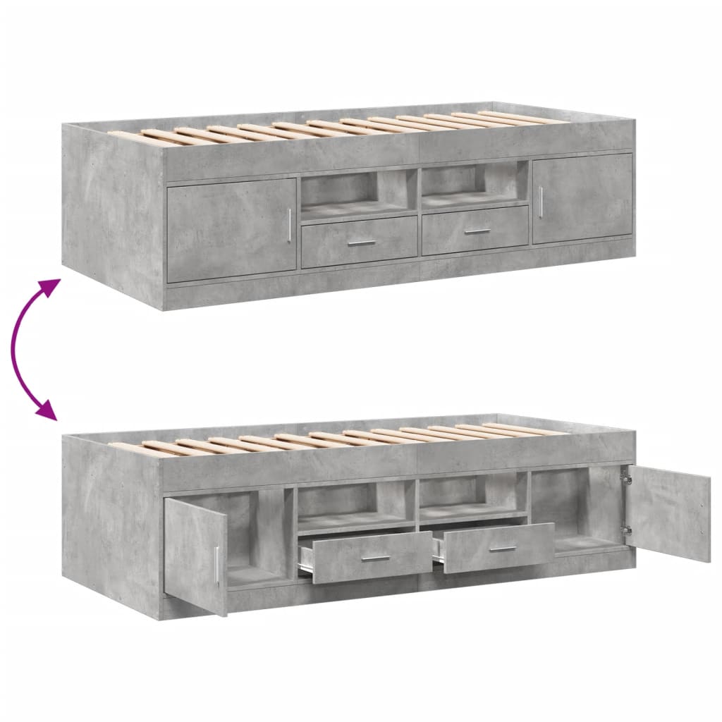 Slaapbank met lades 90x190 cm bewerkt hout betongrijs