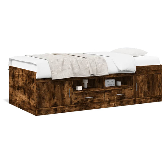 Slaapbank met lades 90x190 cm bewerkt hout gerookt eikenkleurig