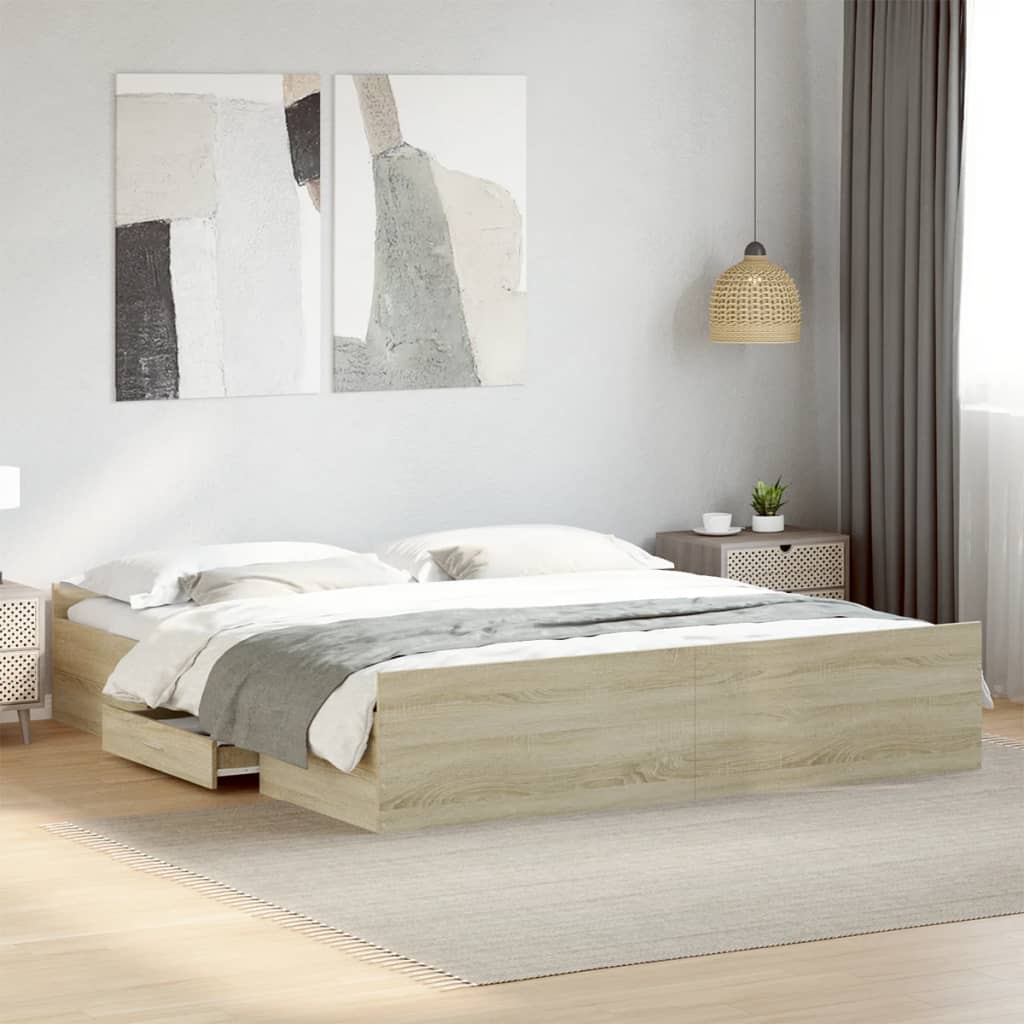 Bedframe met lades bewerkt hout sonoma eikenkleurig 200x200 cm Bedden & bedframes | Creëer jouw Trendy Thuis | Gratis bezorgd & Retour | Trendy.nl