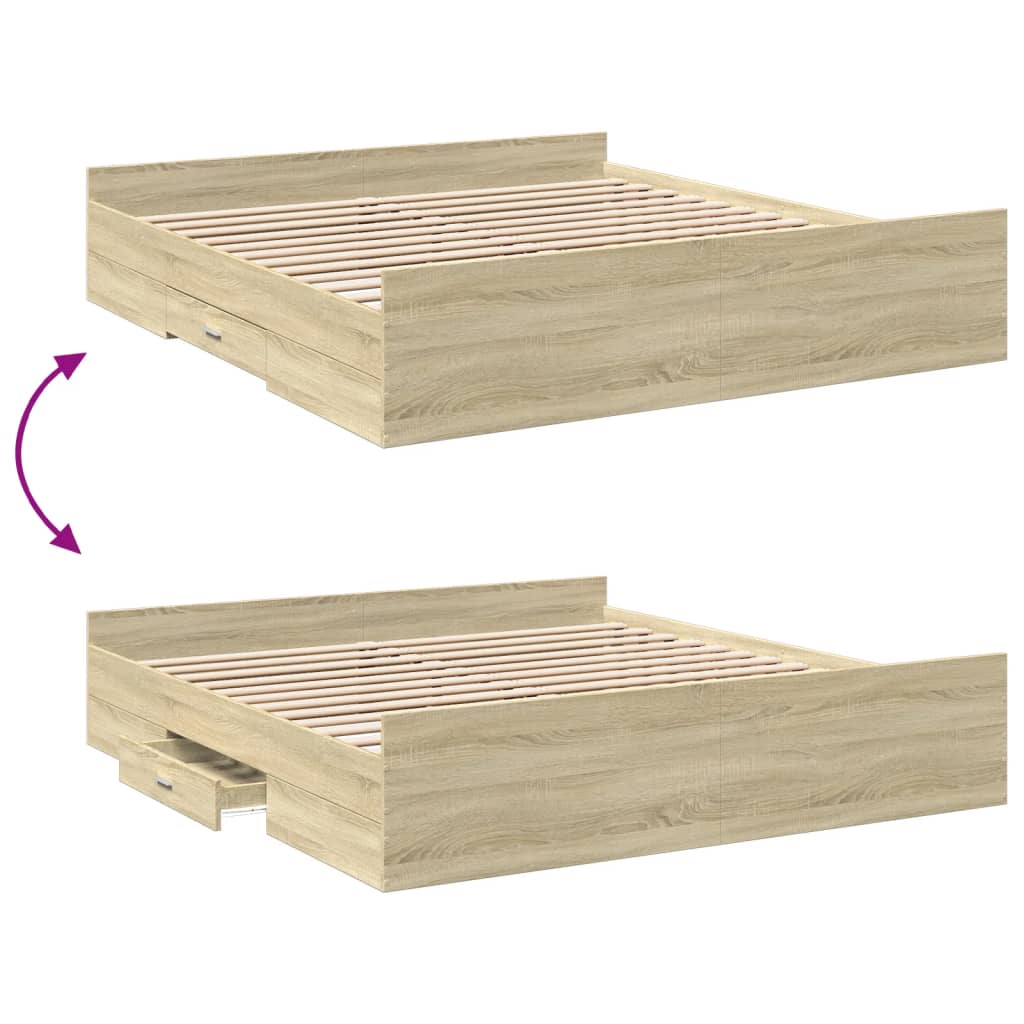 Bedframe met lades bewerkt hout sonoma eikenkleurig 200x200 cm Bedden & bedframes | Creëer jouw Trendy Thuis | Gratis bezorgd & Retour | Trendy.nl