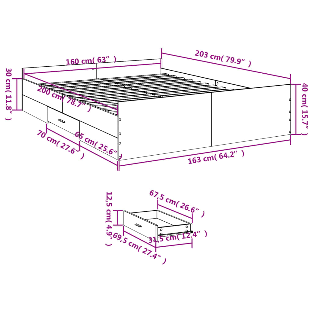 Bedframe met lades bewerkt hout grijs sonoma eiken 160x200 cm Bedden & bedframes | Creëer jouw Trendy Thuis | Gratis bezorgd & Retour | Trendy.nl