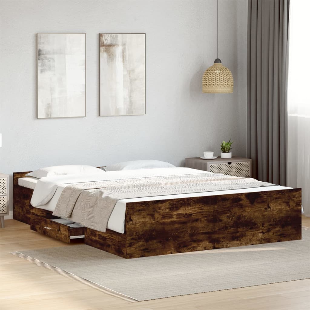 Bedframe met lades bewerkt hout gerookt eikenkleurig 140x200 cm Bedden & bedframes | Creëer jouw Trendy Thuis | Gratis bezorgd & Retour | Trendy.nl