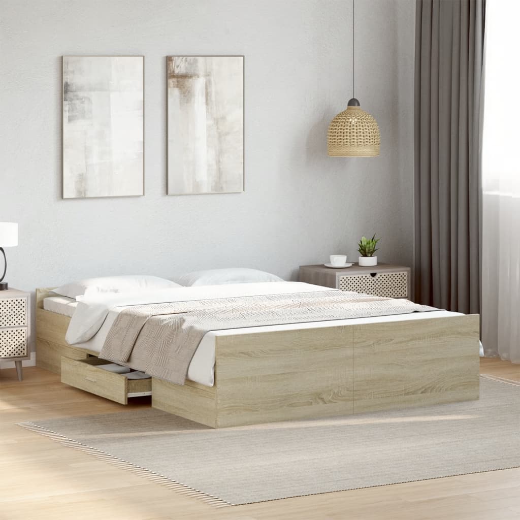 Bedframe met lades bewerkt hout sonoma eikenkleurig 140x190 cm Bedden & bedframes | Creëer jouw Trendy Thuis | Gratis bezorgd & Retour | Trendy.nl